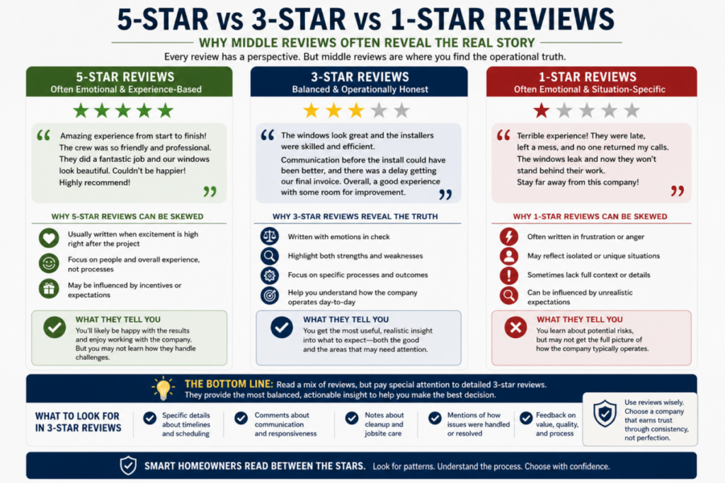 Five-Star vs Three-Star vs One-Star Reviews