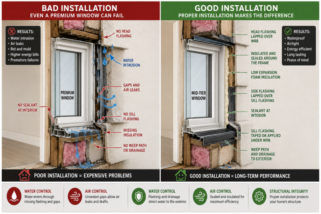 Good Window vs Bad Installation Split Image