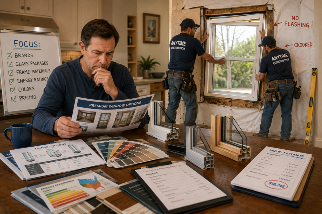 Homeowner Comparing Window Samples While Ignoring Contractor